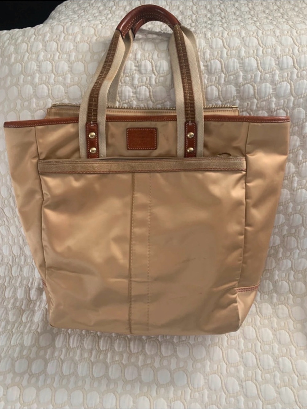 Coach Beige Nylon Tote with Brown Leather Trim